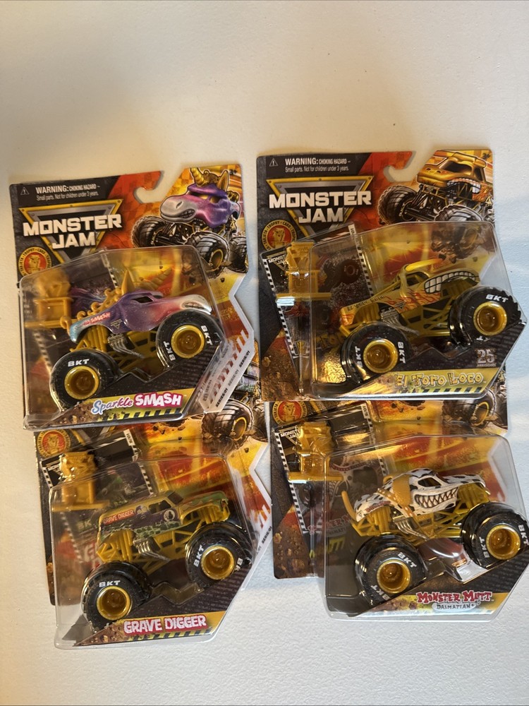 Spin Master Monster Jam Gold Trophy And Card Series 1, Complete Set Of 4.