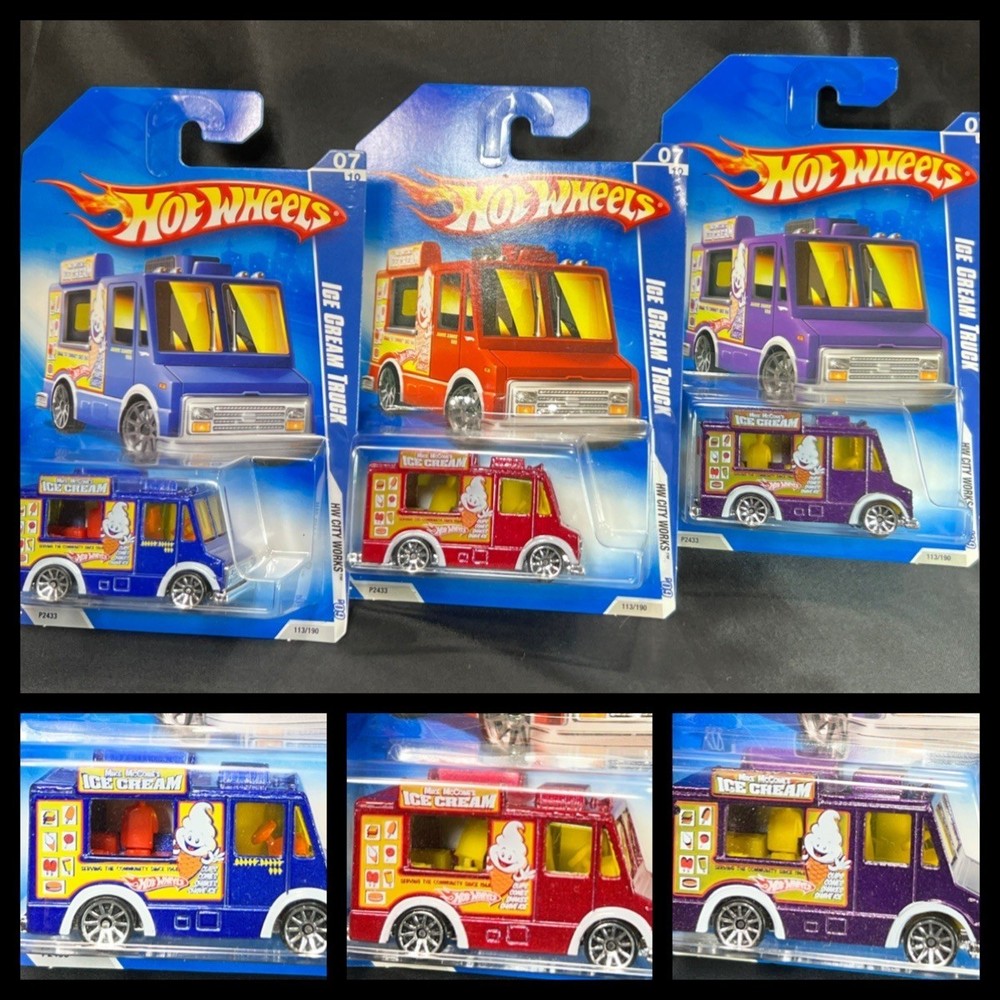 Hot Wheels 2009 Ice Cream Truck Lot of 3 Blue Red Purple HW City Works 113/190