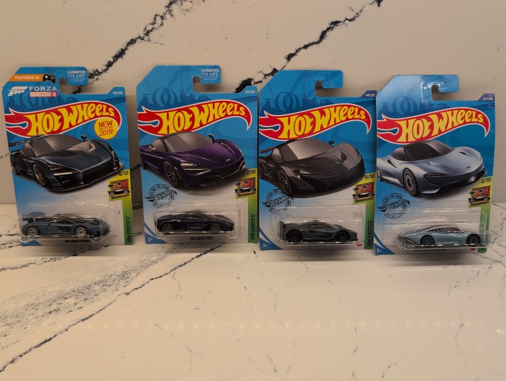 Hot Wheels McLaren Lot Of 4 Speedtail, Senna, 7205, P1, HW Exotics Blue, Purple