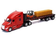 KENWORTH T680 TRUCK RED W/FLATBED & FORKLIFT 1/32 DIECAST MODEL BY NEW RAY 12753