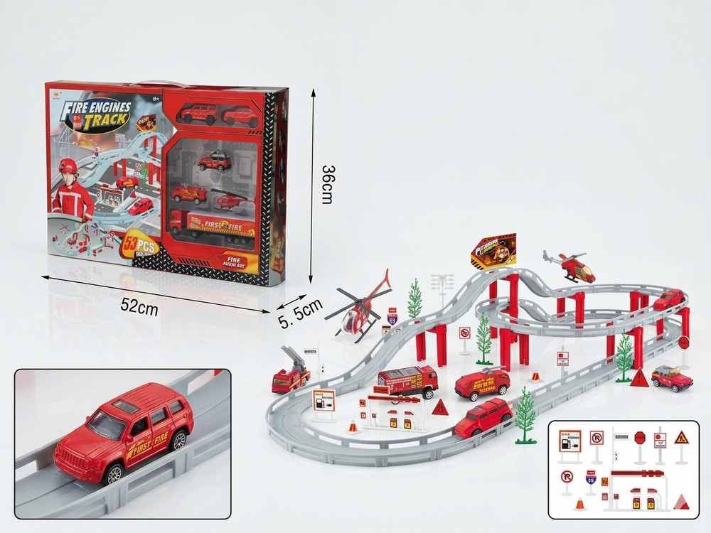 Fire Engine Track Toy Set – Diecast Alloy Emergency Vehicles & Garage – 53pc
