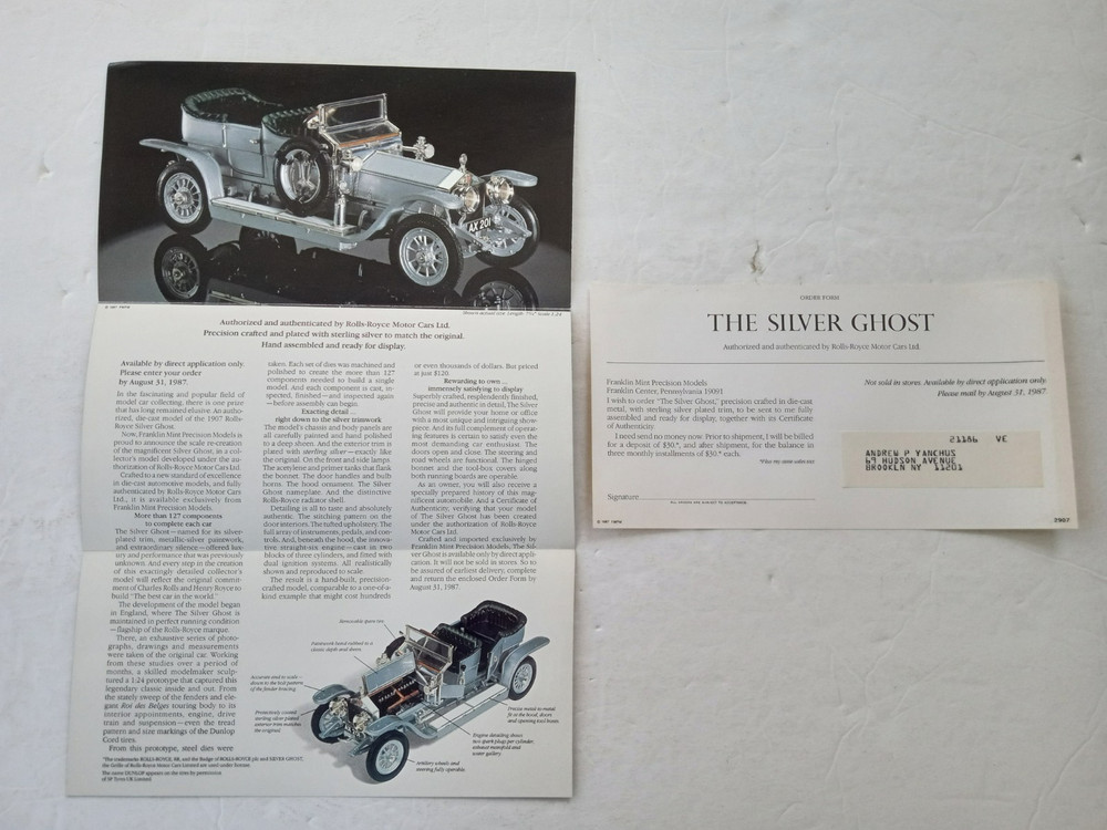 Franklin Mint 1907 ROLLS ROYCE SILVER GHOST Brochure & Reservation Application