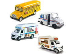 Funstuff Diecast Toys: Set of 4 Vehicles- Ice Cream, School, Mail & Food Trucks