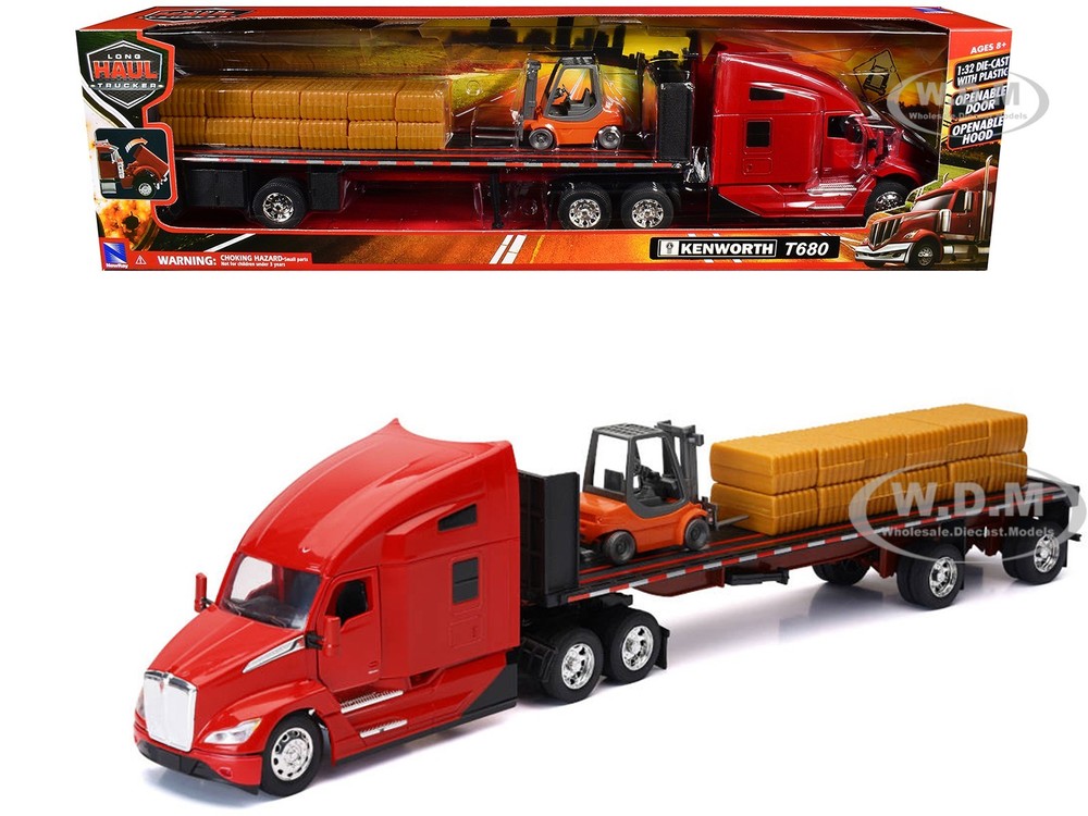 KENWORTH T680 TRUCK RED W/FLATBED & FORKLIFT 1/32 DIECAST MODEL BY NEW RAY 12753