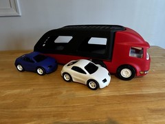 Vintage Red Little Tikes Truck Hauler With 2 Cars 28”