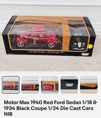 1:18 MotorMax Red 1940 Ford Sedan W/ 1:24 34 Black Ford Coupe NIB