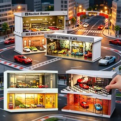 US 1/64 Garage Diorama Model LED Light City Parking Scene Diecast Car Display
