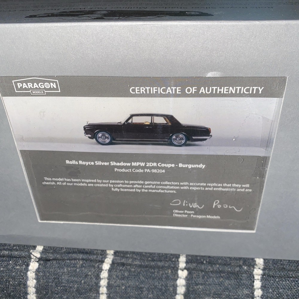 ROLLS ROYCE SILVER SHADOW 2DR COUPE DIE CAST PRECISION MODEL PARAGON NIB w/COA