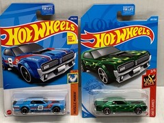 HOT WHEELS 68 MERCURY COUGAR X2. 2021 GREEN W/FLAMES & 2022 LITE BLUE ON CARD