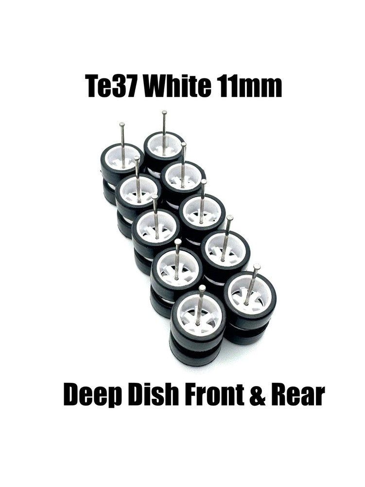 5x Set White Deep Dish Te37 11mm Real Rider Wheel w/ Rubber Tires Sets for 1/64