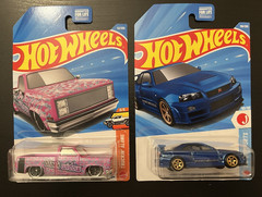 Hot Wheels Nissan Skyline GT-R (BNR34) Blue, Chevy pink silverado black widow