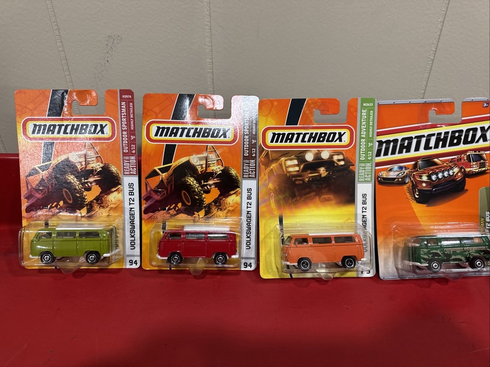 Lot Of 4 Matchbox Volkswagen T2 Bus – green/camo ,red, orange Outdoor Sportsman