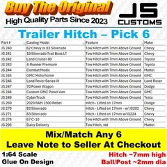 6 or 12 Trailer Hitches – Universal – Hot Wheels / Matchbox 1:64 Hitch glue-on