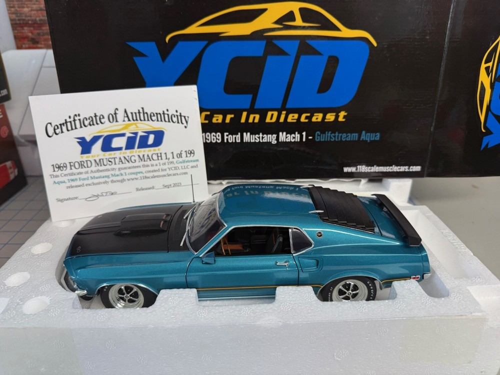 1/18, YCID 1969 Ford Mustang Mach 1 , Gulfstream Aqua , 1-199 NIB