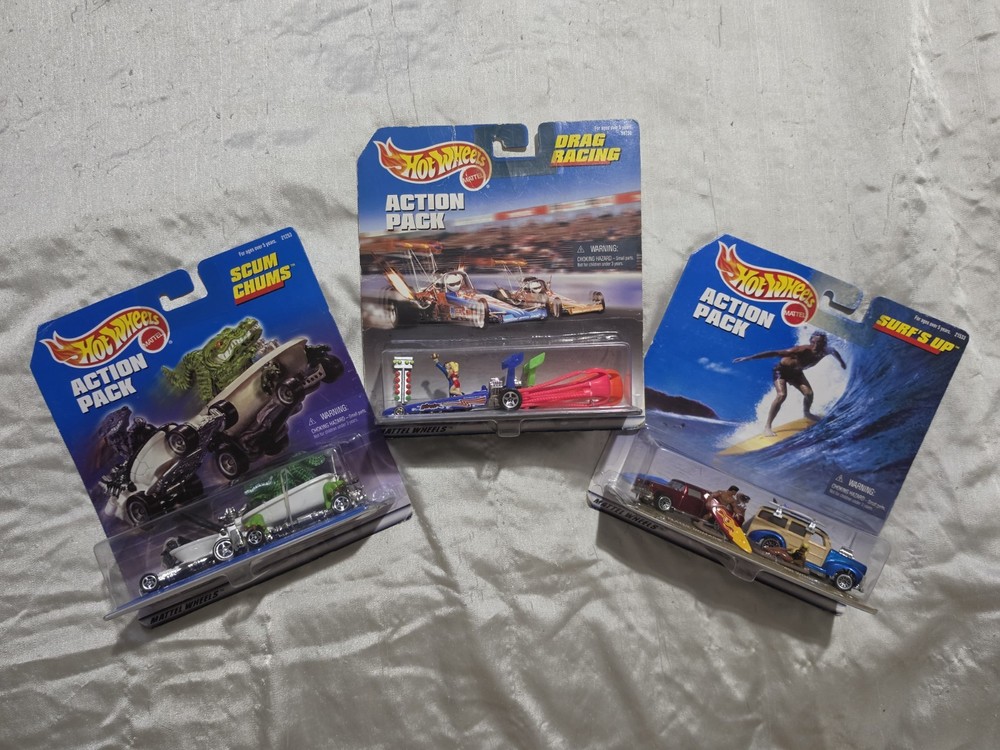 NIB Vintage Hot Wheels Action Pack Lot Of 3: Scum Chums, Drag Racing, Surf’s Up