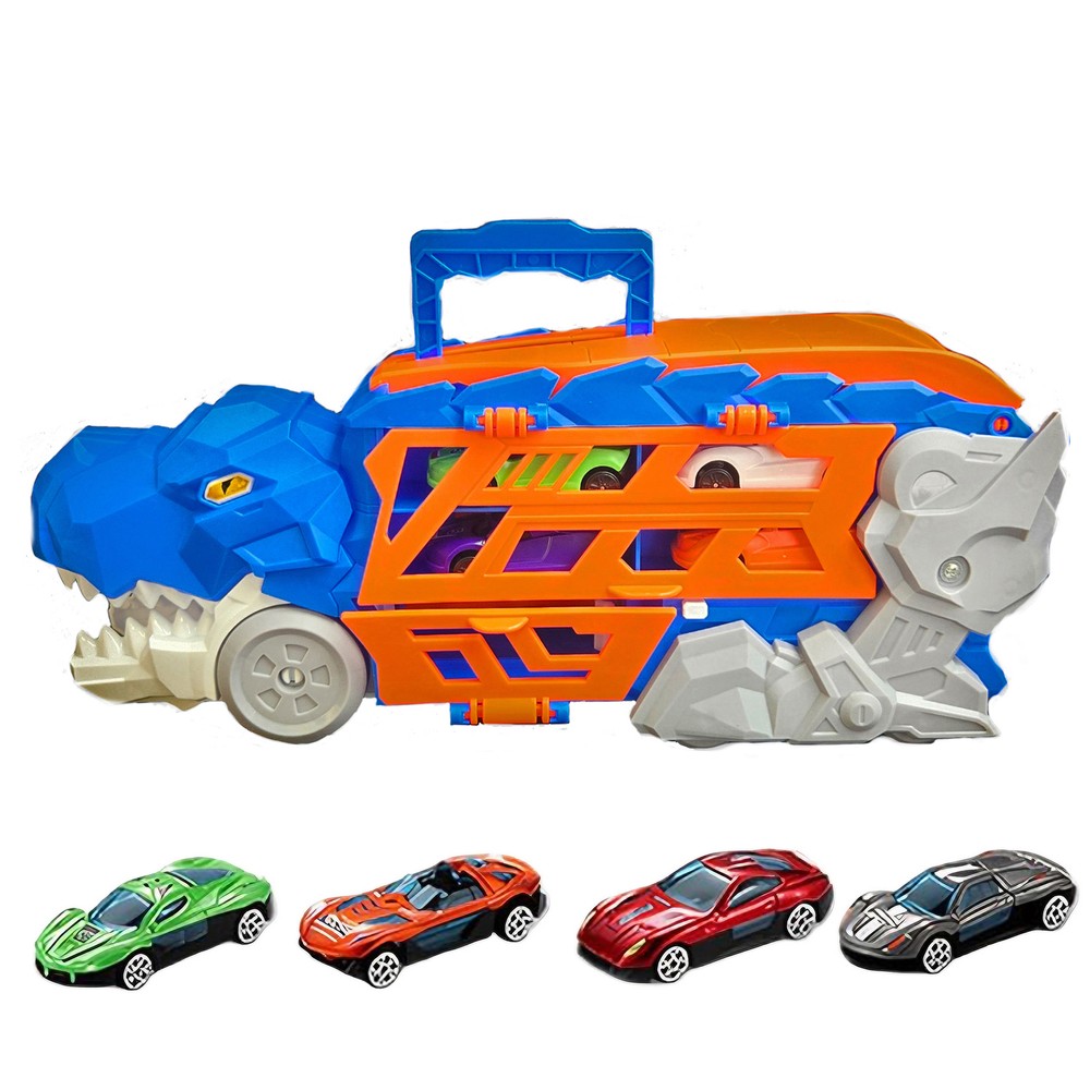 Dinosaur Car Carrier Toy with 4 Vehicles – Launcher Mouth + Slide-Out Track Fun