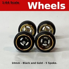 Black/Gold 4 spoke Real Riders JDM Classic Wheels and Tires Set for Hot Wheels