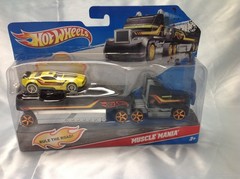 New Hot Wheels Transporter Muscle Mania Black Truck and Yellow Car
