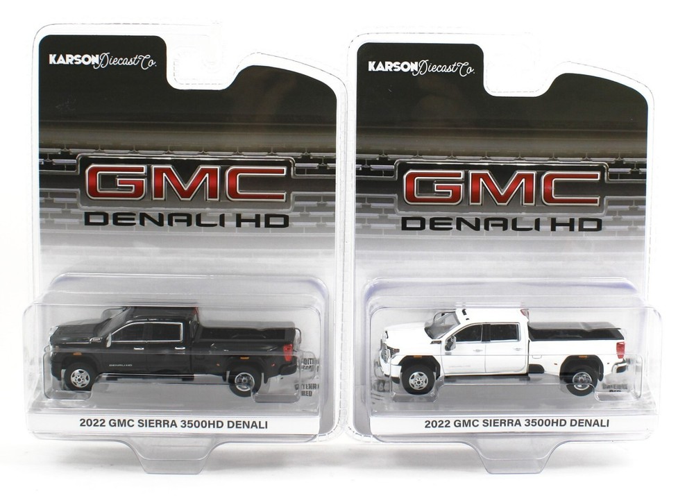 1:64 GreenLight *PAIR* Black & White 2022 GMC Sierra 3500HD Denali DUALLY *NIP!*