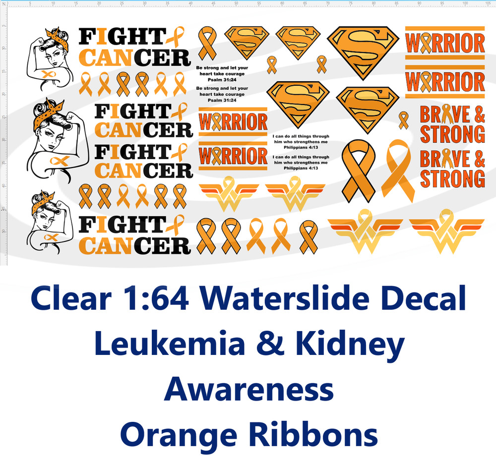 Clear 1:64 Waterslide Decal Leukemia and Kidney Awareness Orange Ribbons