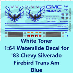 White Toner 1:64 Waterslide for ’83 Chevy Silverado Firebird Trans Am GMC Blue