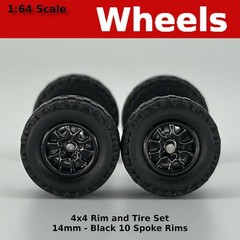 14mm 4×4 Truck Tire Sets – Black Blackwall 10 spoke for Hot Wheels