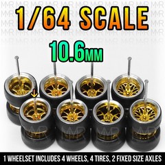 1/64 Scale CHROME GOLD STANCE ALLOY v2 Real Rider Wheels Rims Tires Set for Hot