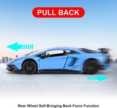 Diecast 1/36 Scale Blue Toy Car Pull Back Action Open Doors Lights For Kids Gift