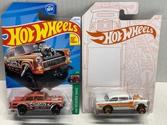 HOT WHEELS 55 CHEVY BEL AIR GASSER X2. 2020 WHITE & 2024 ORANGE.ON CARD