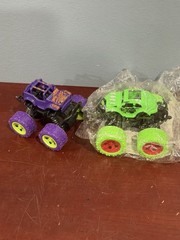 Monster Truck Friction Powered Push And Go Toy Green & Purple Stunt Car Lot Of 2