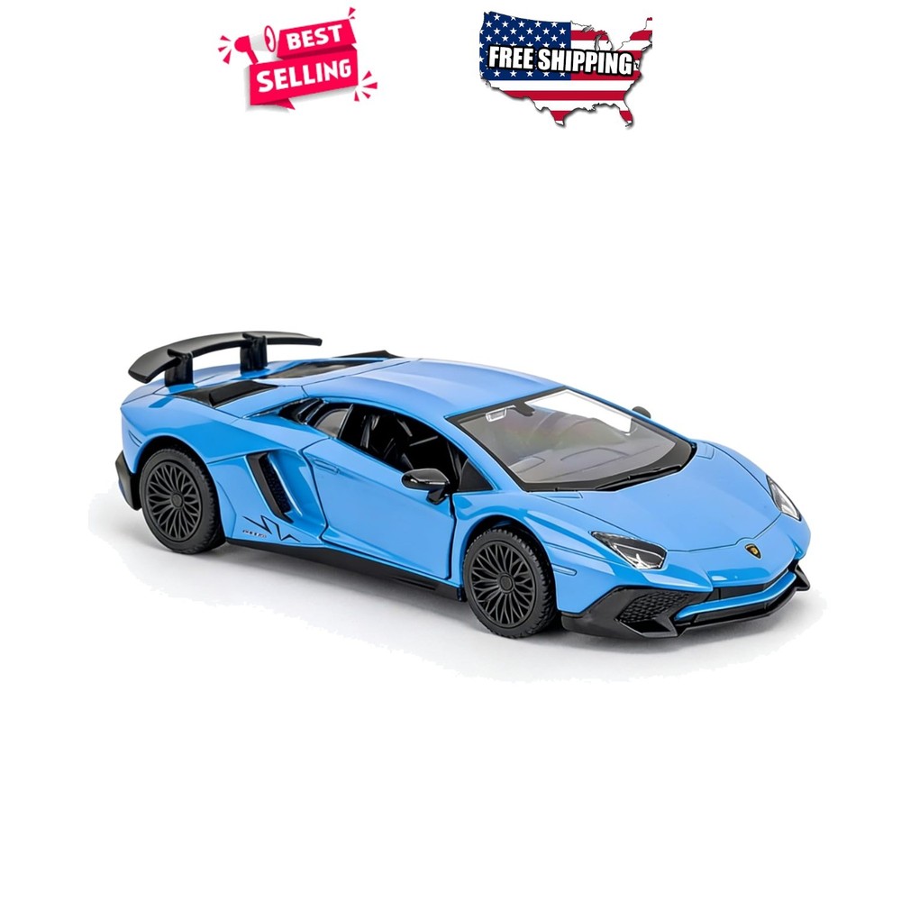 Diecast 1/36 Scale Blue Toy Car Pull Back Action Open Doors Lights For Kids Gift
