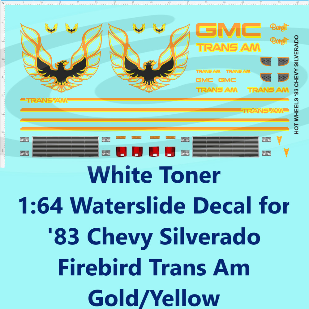 White Toner 1:64 Waterslide for ’83 Chevy Silverado Firebird Trans Am GMC Gold