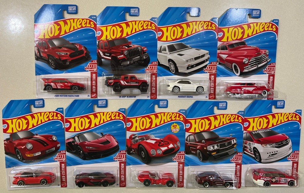 NEW 2026 Hot Wheels RED EDITION Porsche, Mustang,Jeep, Chevy,Maserati LOT 9