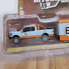 GREENLIGHT 1/64 HITCH & TOW 2015 F-150 GULF OIL #66 & ENCLOSED CAR HAULER