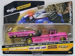 1957 Chevy Flatbed & 1959 Impala SS Pink Lowrider Hauler Set 1:64 Maisto Design