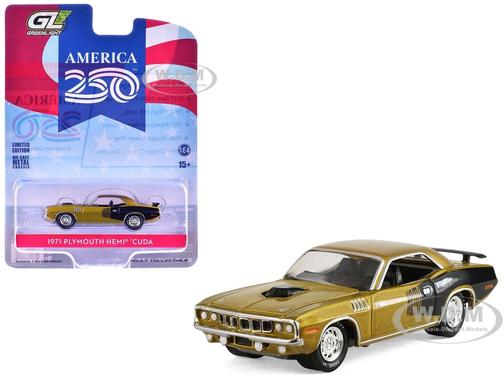 1971 PLYMOUTH HEMI CUDA GOLD “AMERICA 250” 1/64 DIECAST BY GREENLIGHT 28180 D