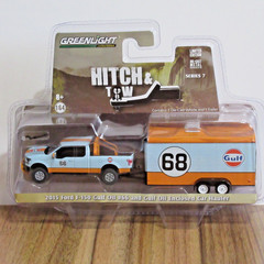 GREENLIGHT 1/64 HITCH & TOW 2015 F-150 GULF OIL #66 & ENCLOSED CAR HAULER