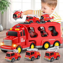 5 in 1 Fire Truck Cars for Toddlers 3-5, Boy Car Truck Toys with Light Sound, Bi
