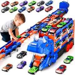 3-in-1 Green Dinosaur Toy Foldable Race Track Carrier with 12 Mini Cars For Kids