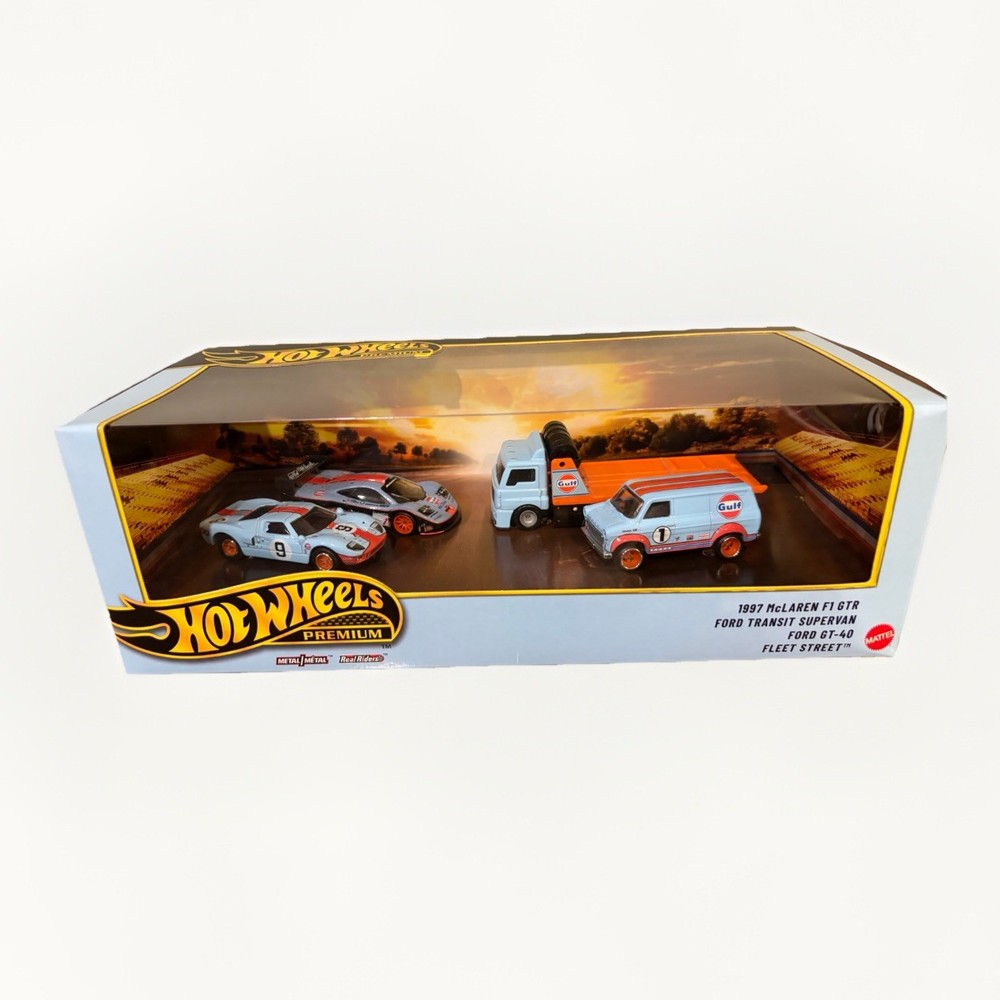 Hot Wheels Premium Gulf 4-Car Set 1:64 McLaren F1 GTR Ford Transit Diecast