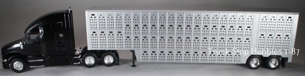 HO 1:87 TSH # 69408 KW T-680 Sleeper w/Silver Livestock Cattle Trailer – Black