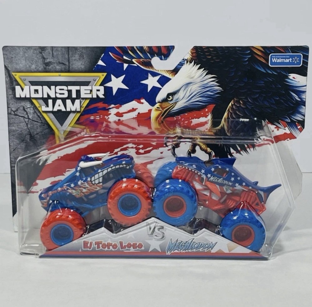 Monster Jam Stars And Stripes El Toro Loco VS Megalodon 1:64 Scale – New Sealed