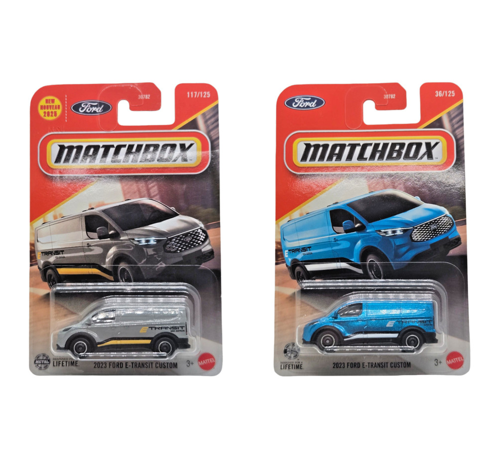 2025 & 2026 Matchbox 2023 Ford E-Transit Custom Van Gray & Blue Variation Set