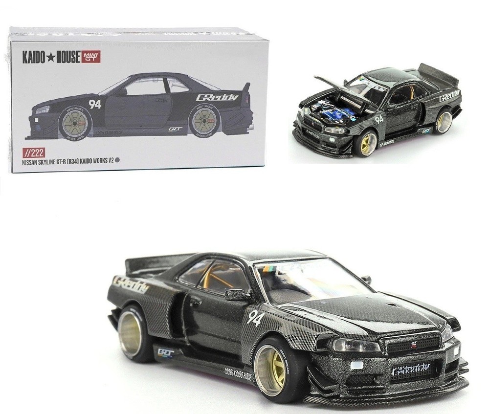 Kaido House 1:64 Nissan Skyline GT-R R34 Kaido Works GReddy V2 BLK CARBON 222-2C