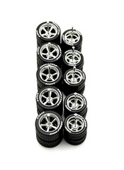 5x Chrome Cragar 13/15mm Wheels w/ Lettered Rubber Tires for 1/64 H0T Wheelz