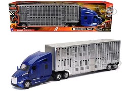 KENWORTH T680 TRUCK BLUE W/LIVESTOCK TRAILER 1/32 DIECAST MODEL BY NEW RAY 12533