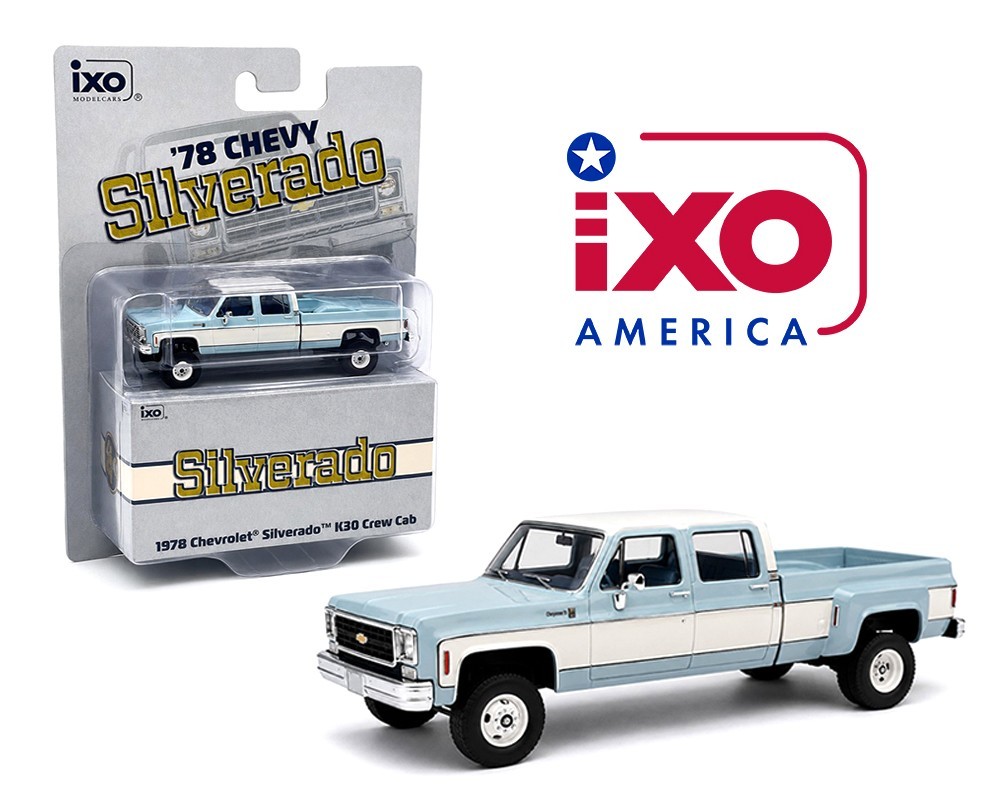 IXO Model 1:64 1978 Chevrolet Silverado K30 Crew Cab Fleetside Lifted Blue White