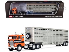 FREIGHTLINER COE & LIVESTOCK TRAILER ORANGE 1/64 DIECAST BY FIRST GEAR 60-2290