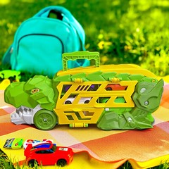 Dinosaur Car Carrier Toy with 4 Vehicles – Launcher Mouth + Slide-Out Track Fun