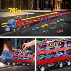 Spider Race Track Toys for Boys 3-6, Double Decker Transport Truck with cars